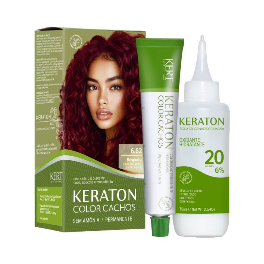 Kit de coloração Keraton Color Cachos 6.62 Louro Escuro Vermelho Irisado Intenso com embalagem verde, tubo de coloração e oxidante hidratante