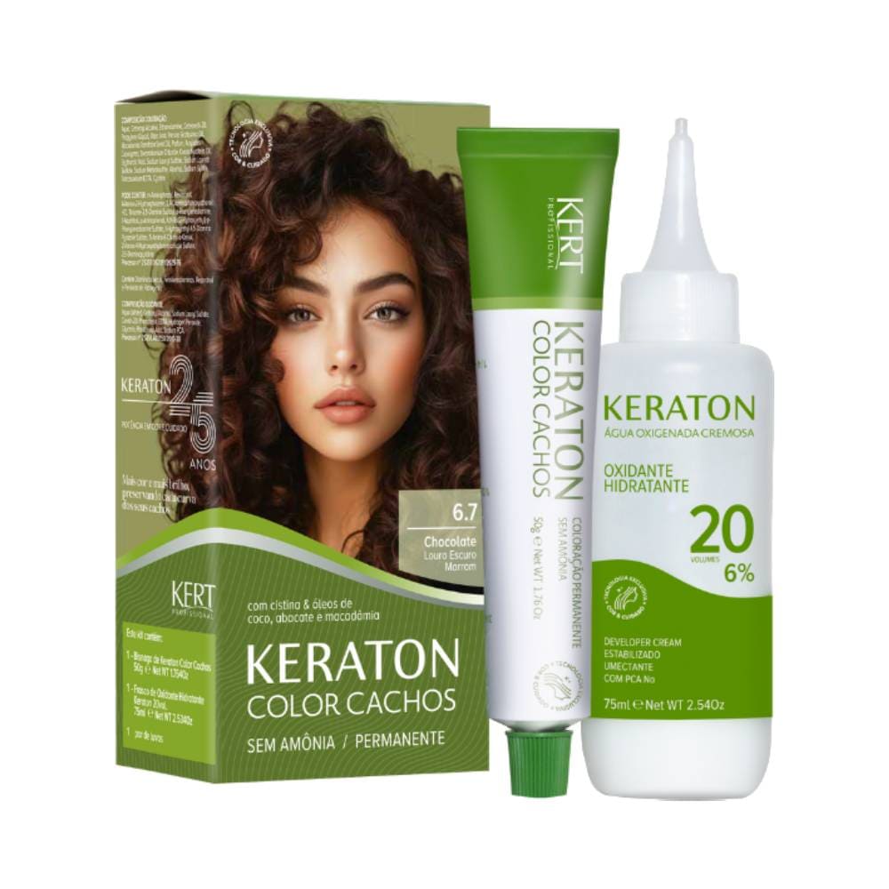Kit de coloração Keraton Color Cachos 6.7 Louro Escuro Marrom com modelo de cabelos cacheados castanho escuro