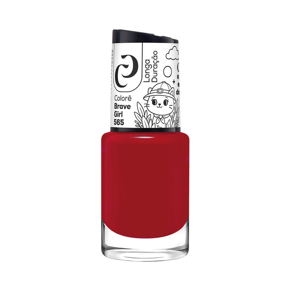 Frasco de esmalte Cora Colorê Brave Girl vermelho vibrante com tampa branca e detalhes em preto