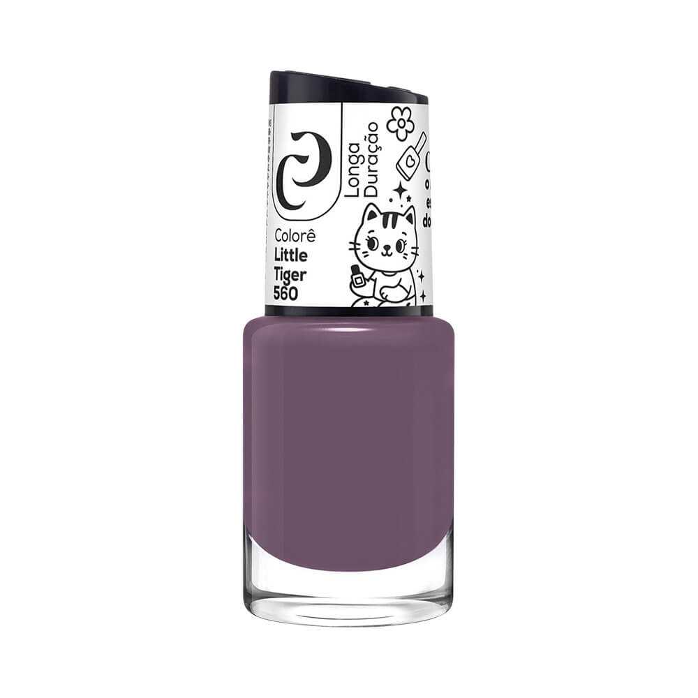 Frasco de esmalte Cora Colorê Little Tiger roxo acinzentado com tampa branca e desenhos em preto
