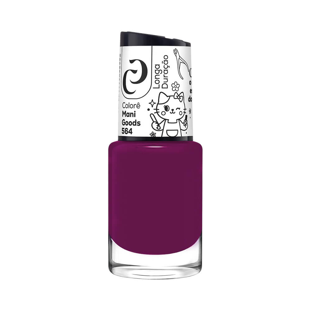 Frasco de esmalte Cora Colorê Mani Goods cor roxo escuro com tampa branca decorada