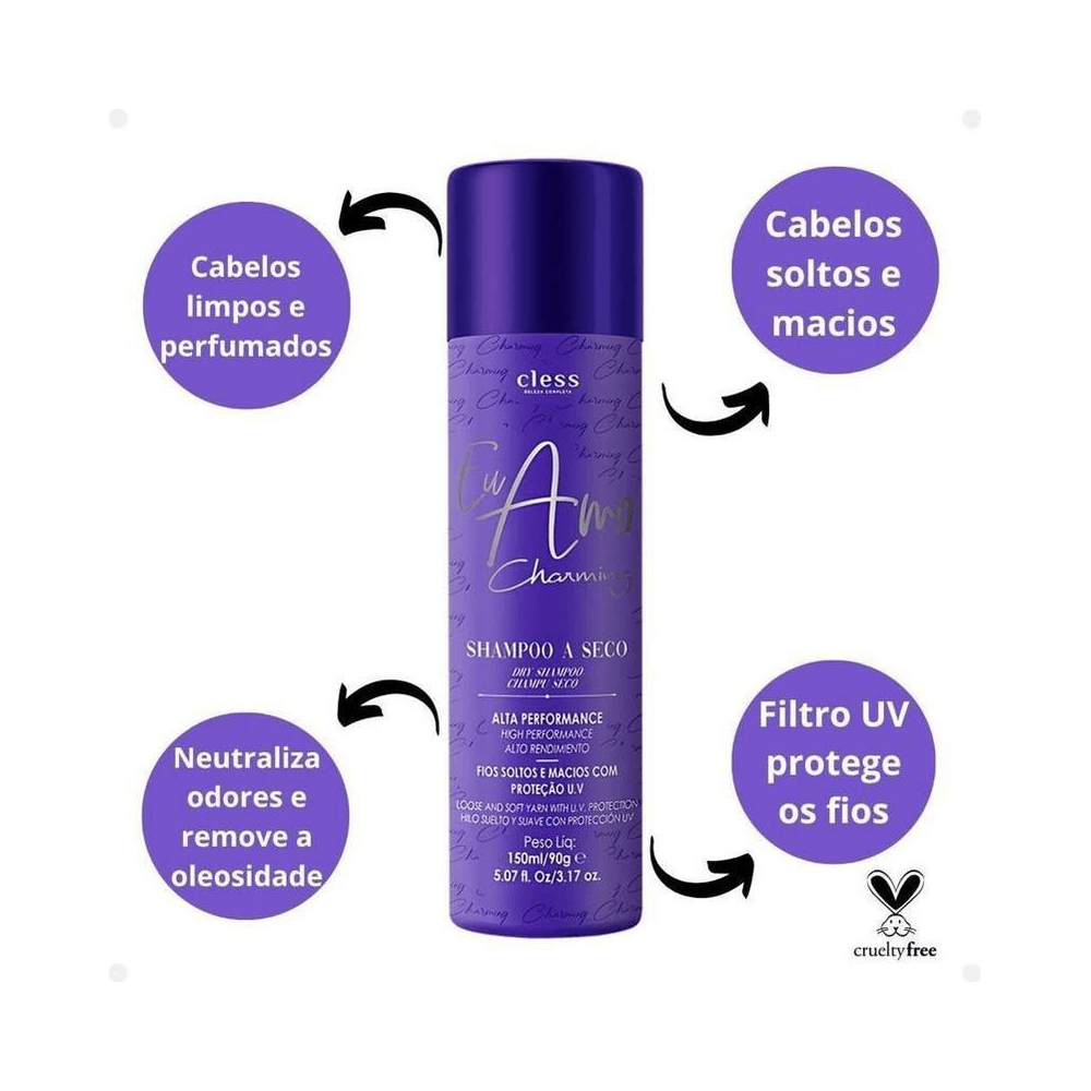 Frasco de shampoo a seco Eu Amo Charming em destaque com fundo claro