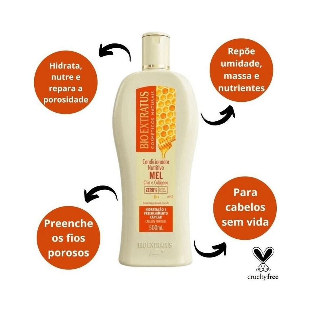 Frasco do condicionador Bio Extratus Mel em destaque com fundo branco
