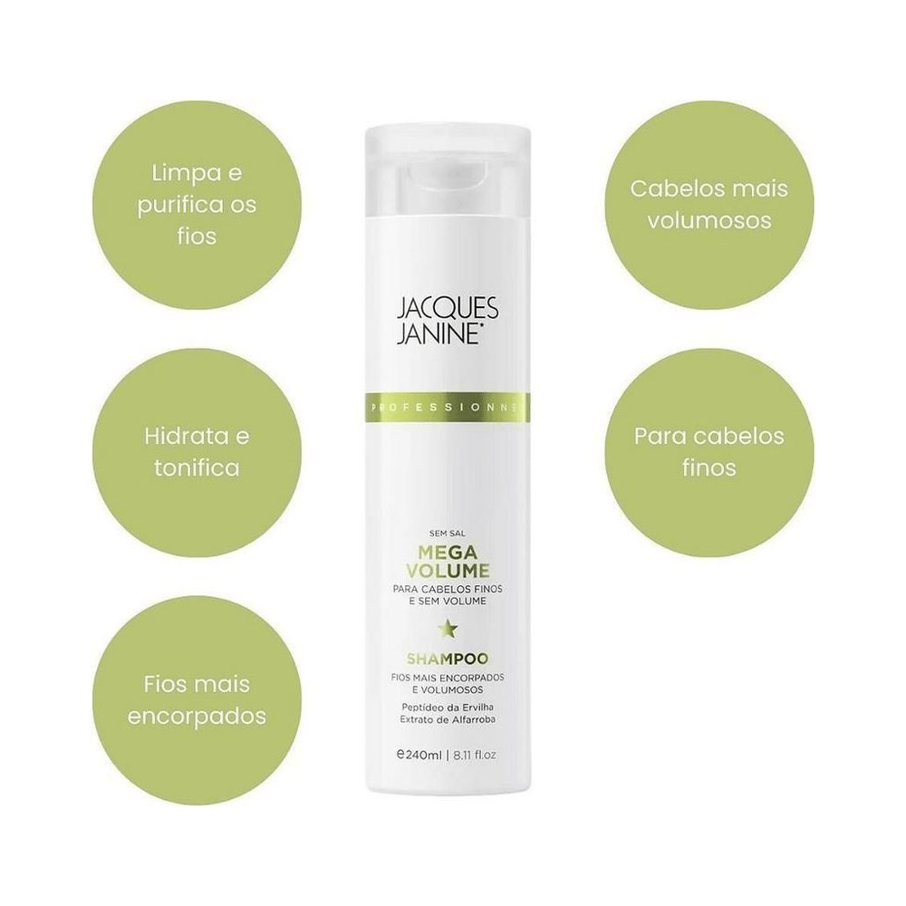Frasco de shampoo Jacques Janine em destaque sobre fundo branco