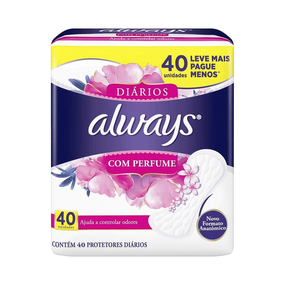 Pacote de absorventes Always com detalhes florais e formato anatômico