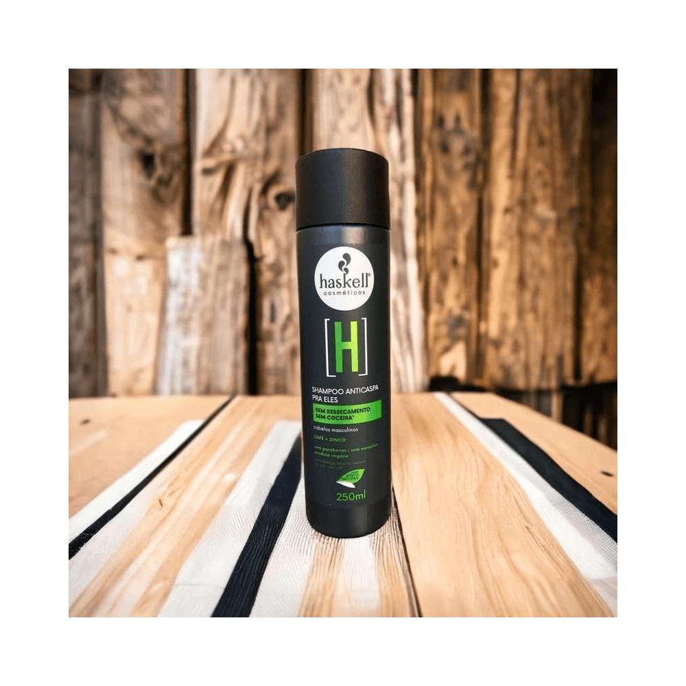 Frasco preto de shampoo Haskell Anticaspa Pra Ele 250ml com rótulo verde e branco