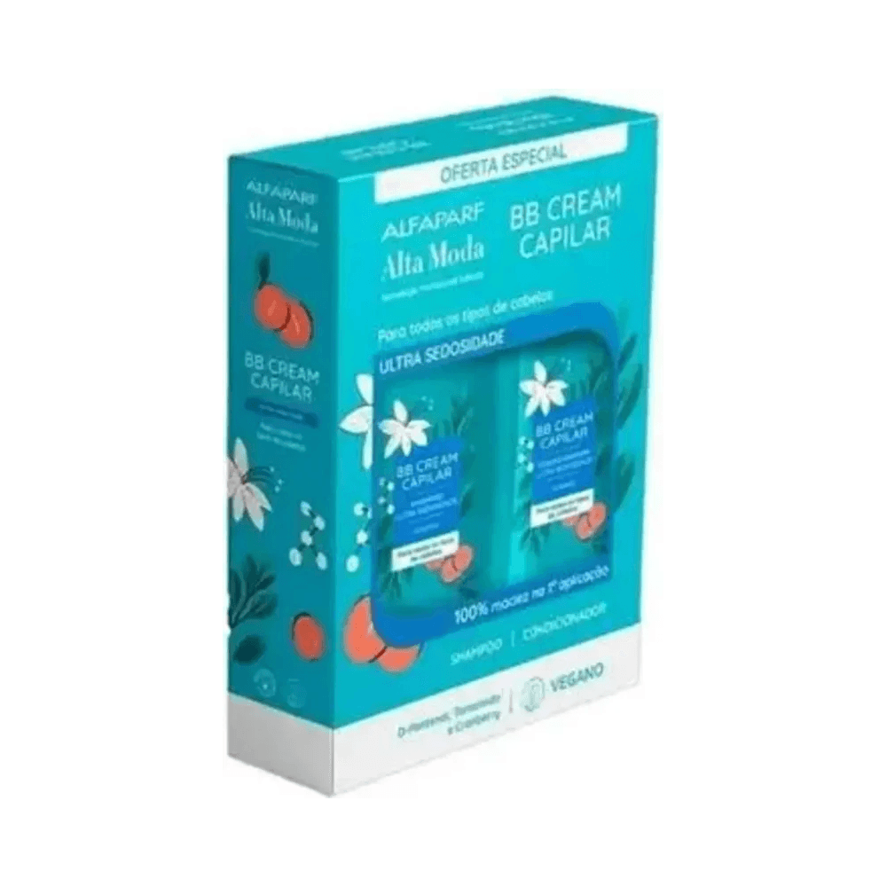 Kit Alta Moda BB Cream Shampoo e Condicionador 300ml com fundo azul e elementos naturais