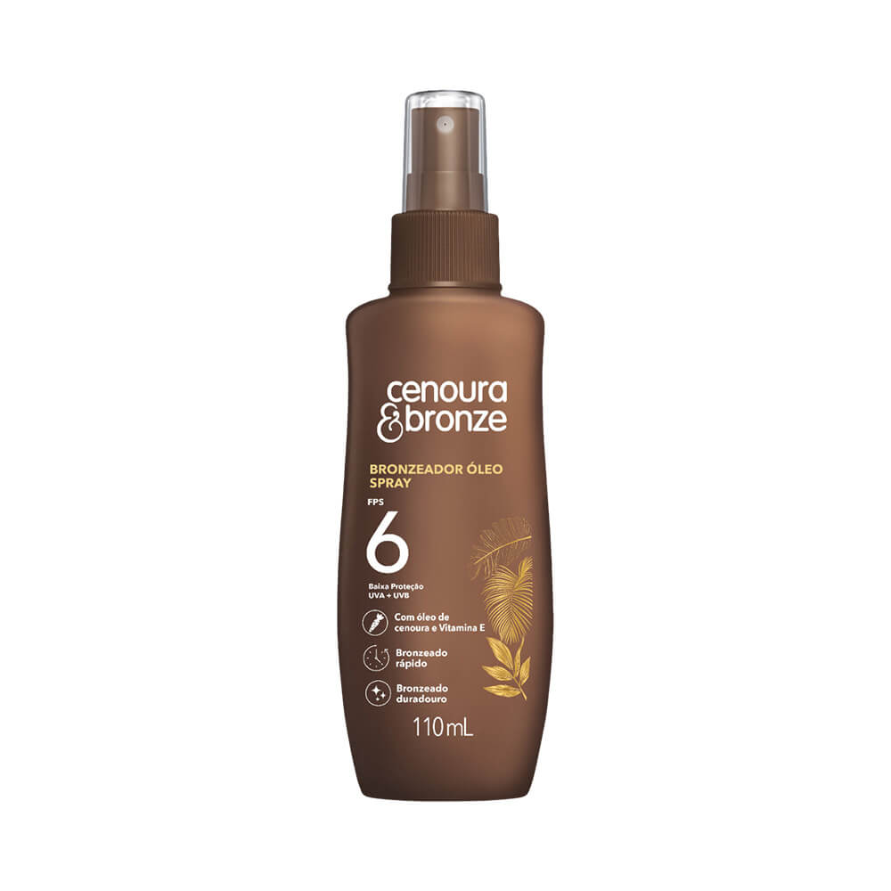 Frasco spray marrom do Spray Bronzeador Óleo Cenoura e Bronze FPS 6 110ml com rótulo destacando FPS 6 e óleo de cenoura
