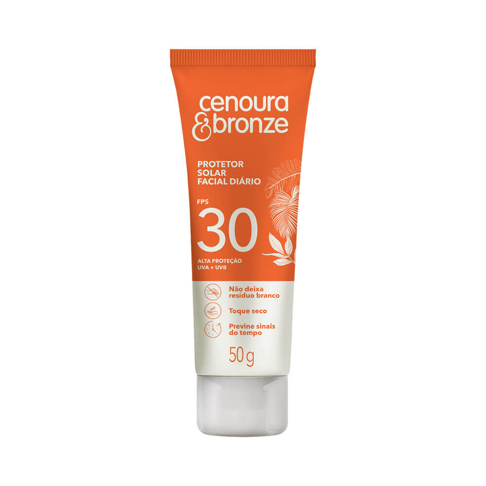 Bisnaga vertical do protetor facial Cenoura & Bronze FPS 30 com fundo branco
