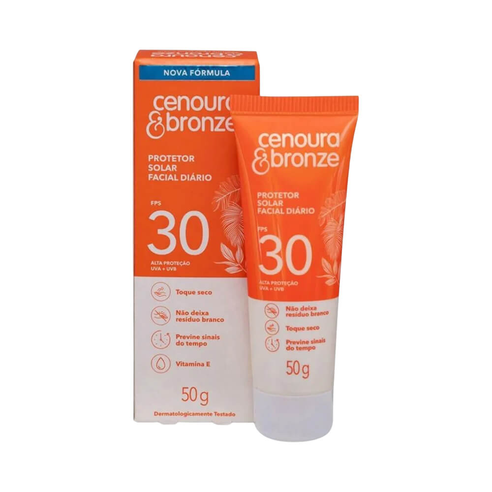 Produto e caixa do protetor solar Cenoura & Bronze FPS 30 lado a lado sobre fundo branco