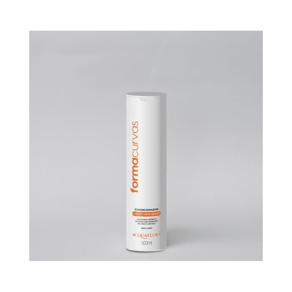Frasco branco de condicionador Acquaflora Forma Curvas 500ml com texto em laranja, fundo branco