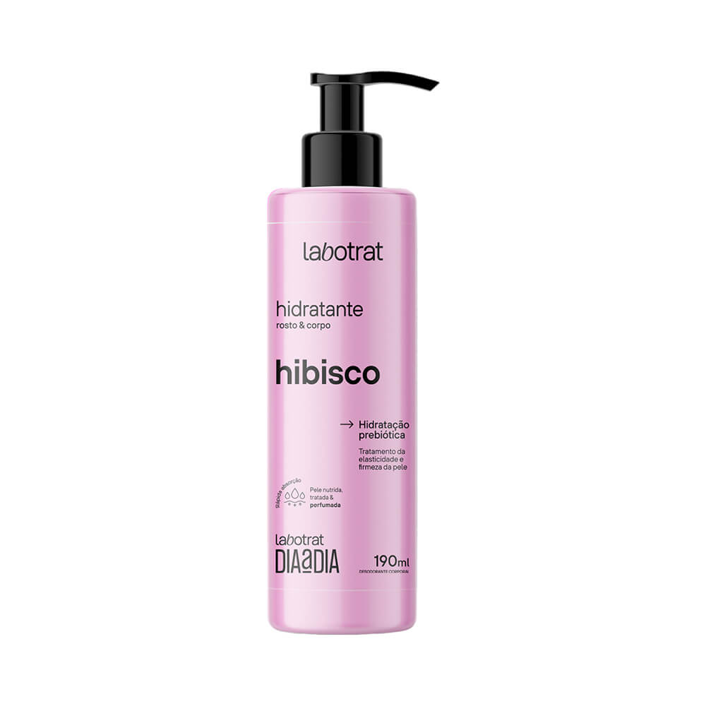 Frasco do Hidratante Labotrat Dia a Dia Hibisco 190ml com pump preto e rótulo rosa claro