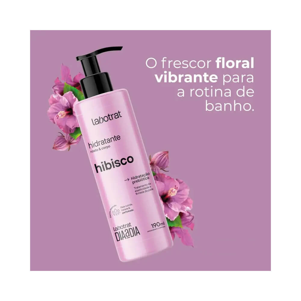 Hidratante Labotrat Dia a Dia Hibisco 190ml com flores de hibisco ao redor em fundo lilás