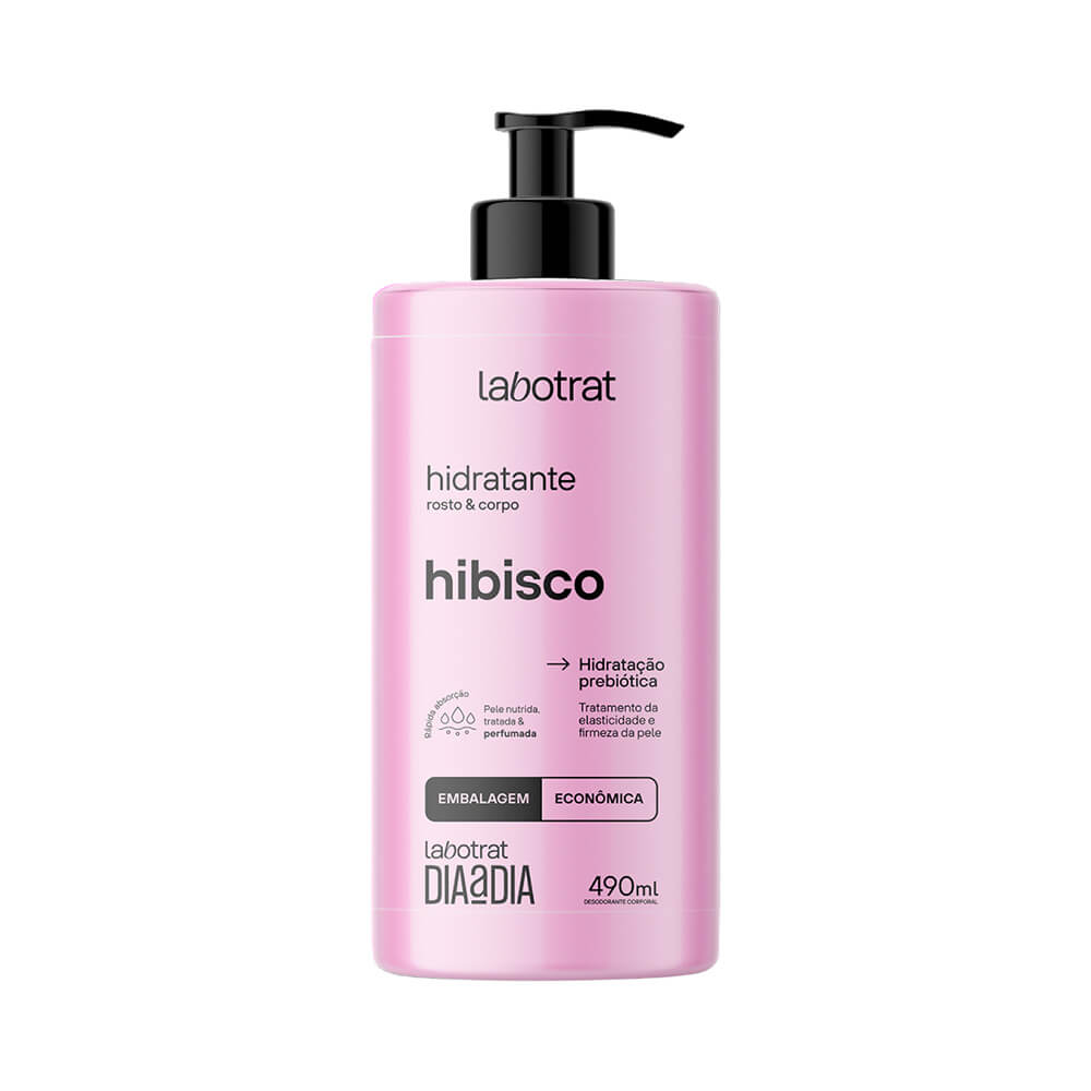 Frontal do produto Hidratante Labotrat Dia a Dia fragrância Hibisco em embalagem rosa claro com pump preto.