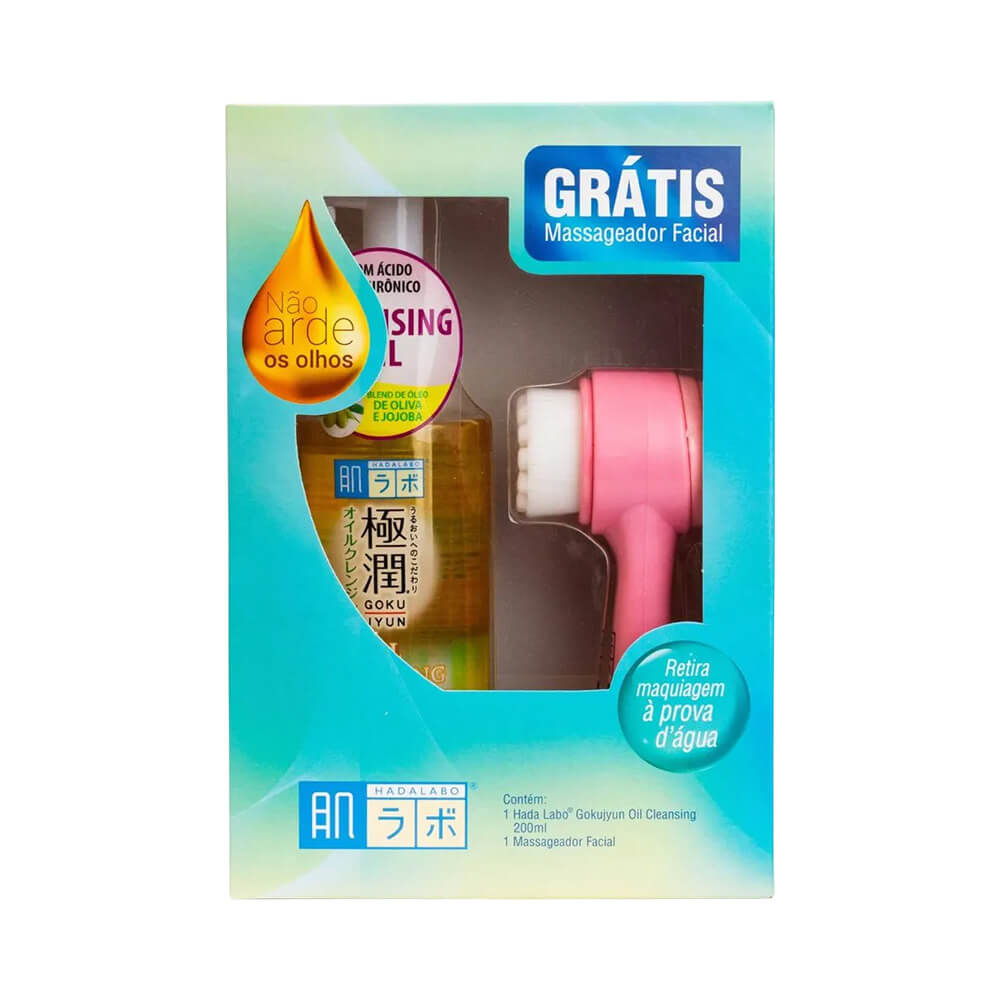 Embalagem frontal do kit Hada Labo Gokujyun com frasco amarelo de Oil Cleansing e massageador facial rosa