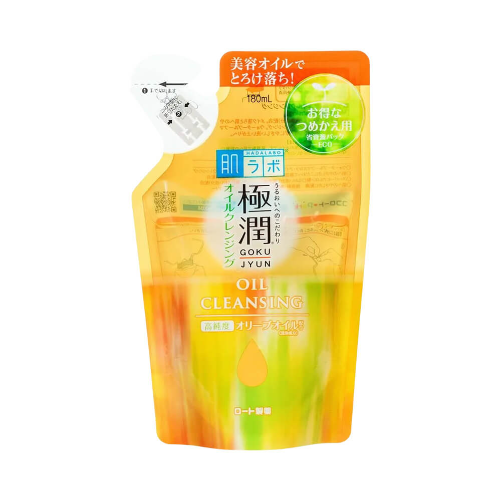 Refil Cleansing Oil Hada Labo Gokujyun 180ml embalagem laranja e amarela