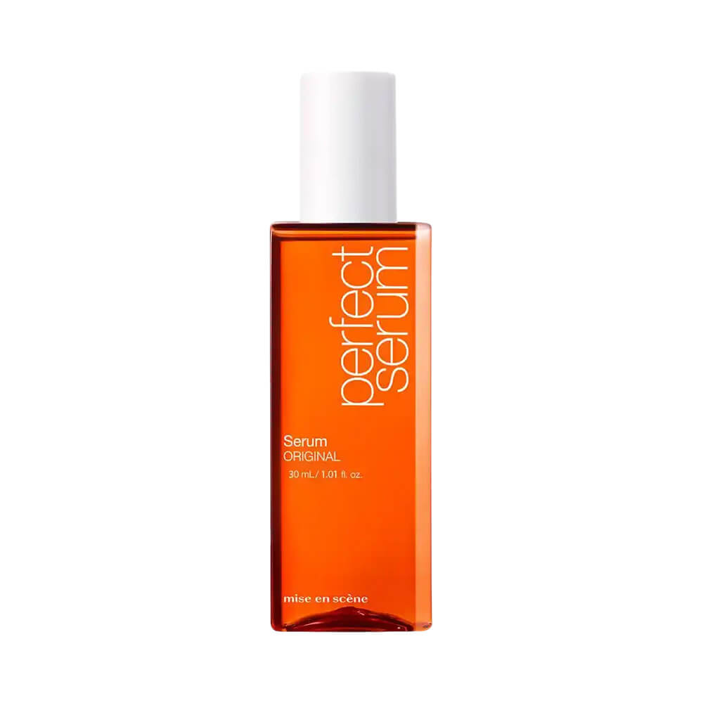 Frasco retangular translúcido laranja do Sérum Capilar Mise en Scène Perfect Serum Original 30ml
