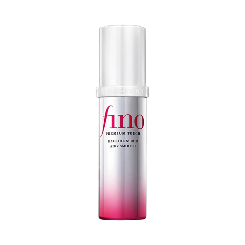 Frasco do óleo capilar Fino Touch Hair Oil Serum Airy Smooth 70ml com design prata e rosa