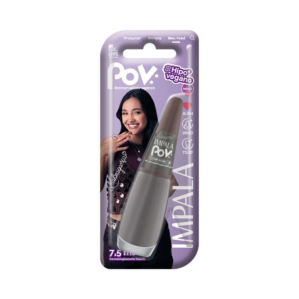 Embalagem blister do Esmalte Impala Marcella POV Look do Dia destacando selo hipo vegano