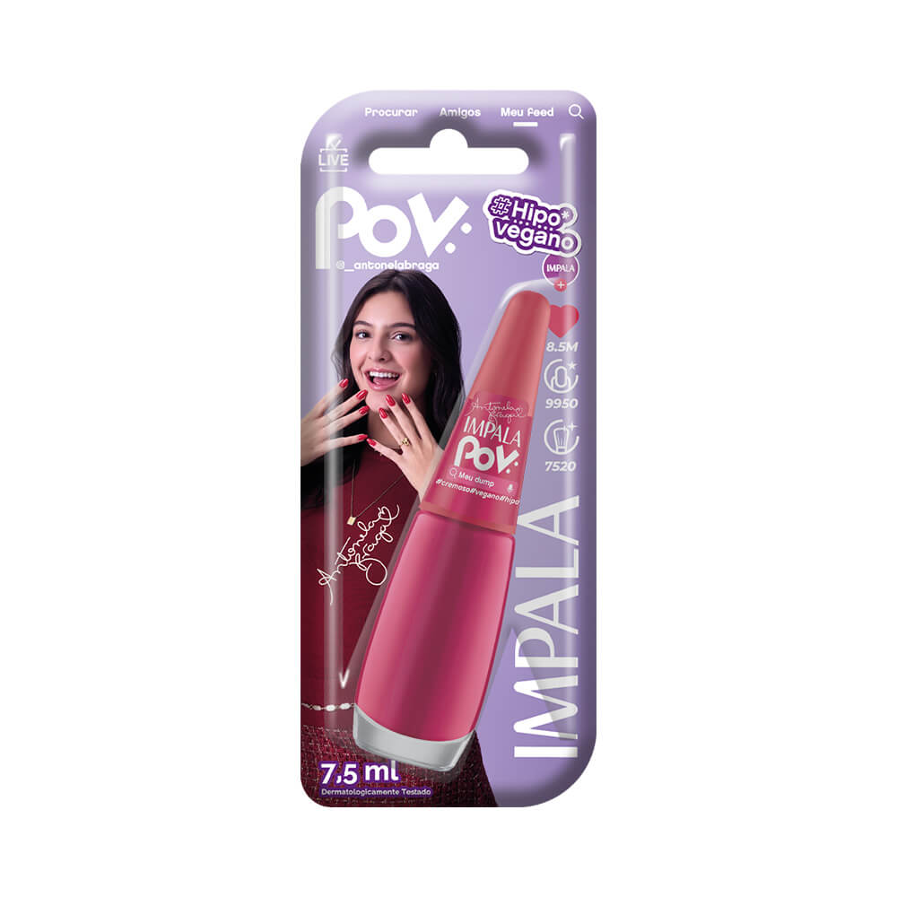 Embalagem blister do Esmalte Impala Antonela POV Meu Dump com design lilás e frasco rosa-magenta