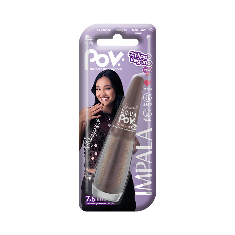 Embalagem blister do Top Coat Impala POV Marcella com modelo e selo vegano em fundo branco