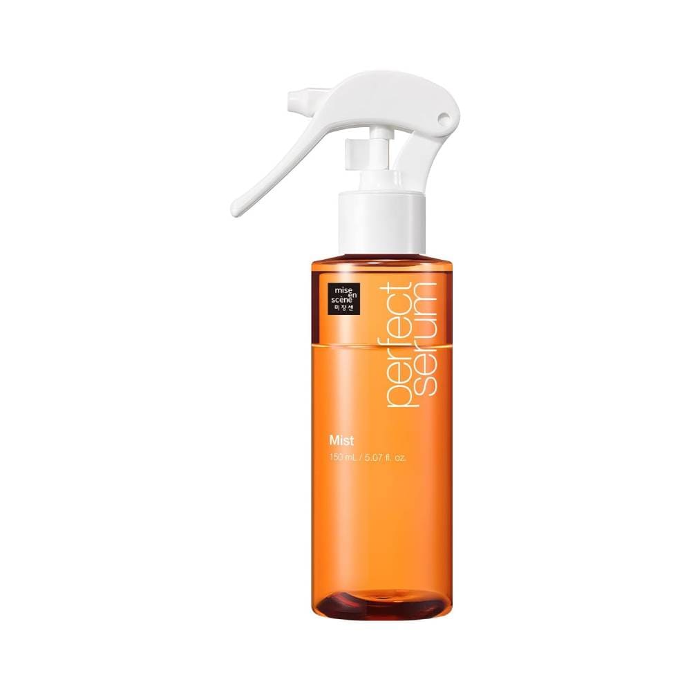 Frasco spray laranja translúcido do sérum capilar Mise en Scène Perfect Serum Mist 150ml com bico pulverizador branco