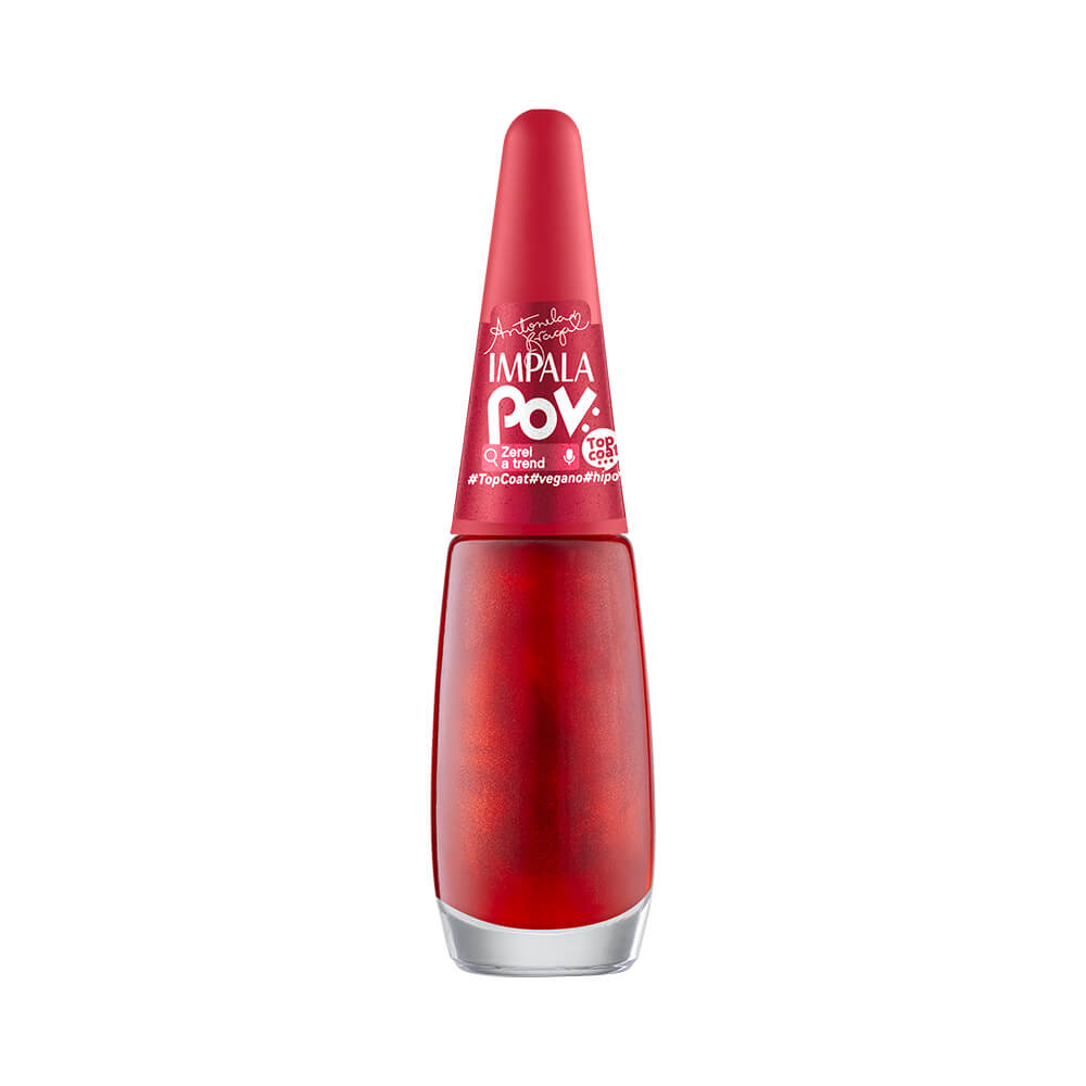 Frasco de esmalte Top Coat Impala POV ‘Zerei a Trend’ vermelho perolado com tampa vermelha