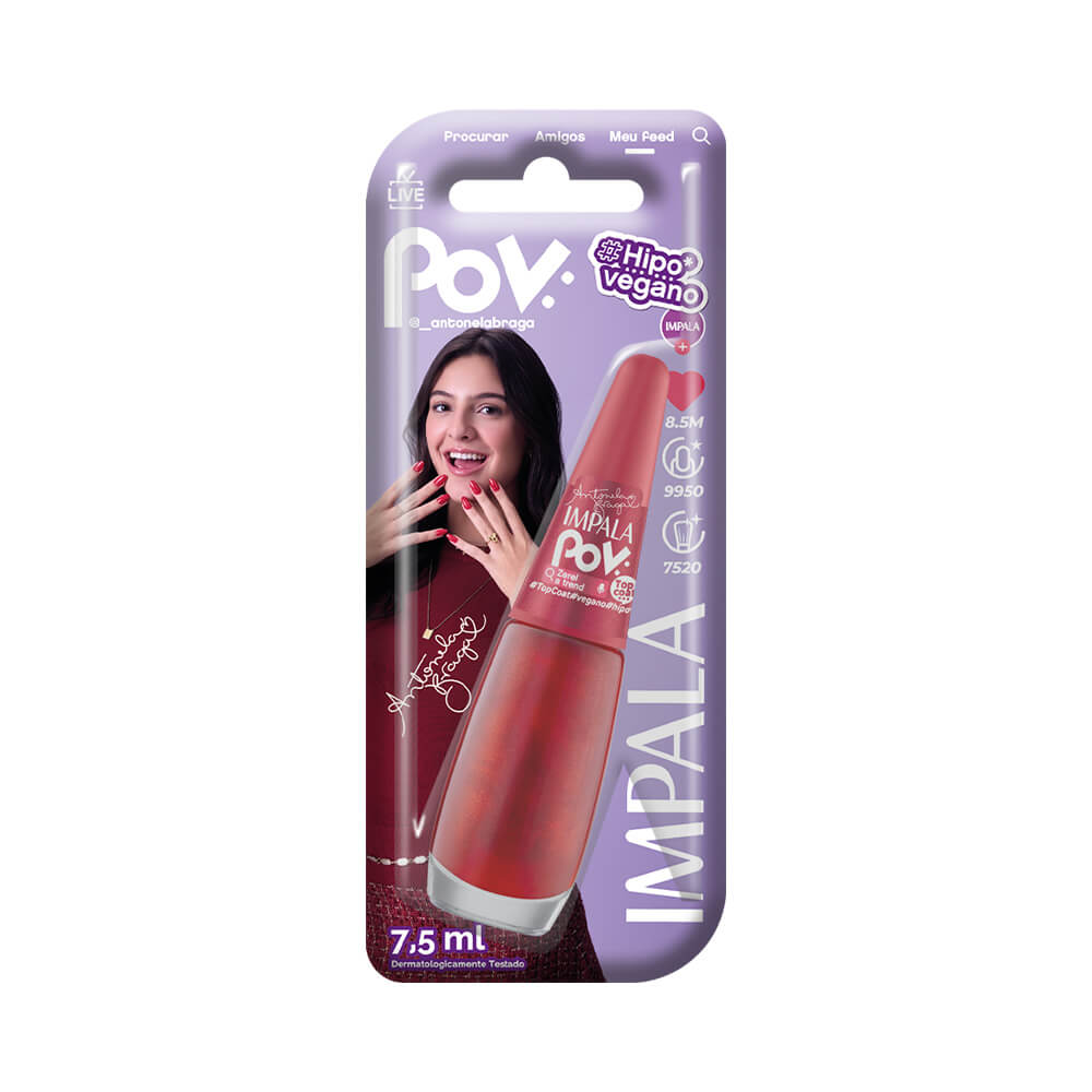 Embalagem blister do Top Coat Impala POV Zerei a Trend com design roxo e frasco vermelho