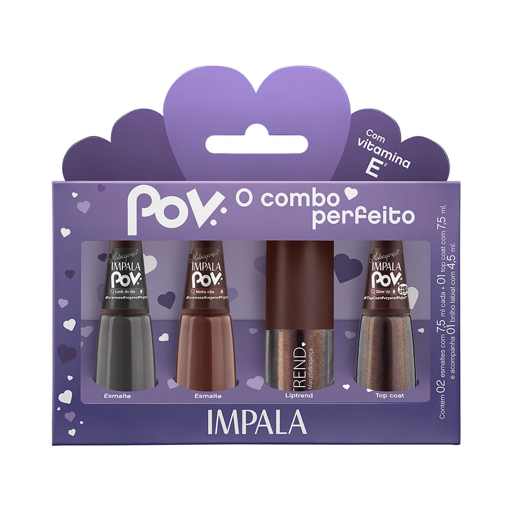 Kit Impala 3 Esmaltes e Gloss Marcella POV com embalagem roxa lavanda e produtos visíveis