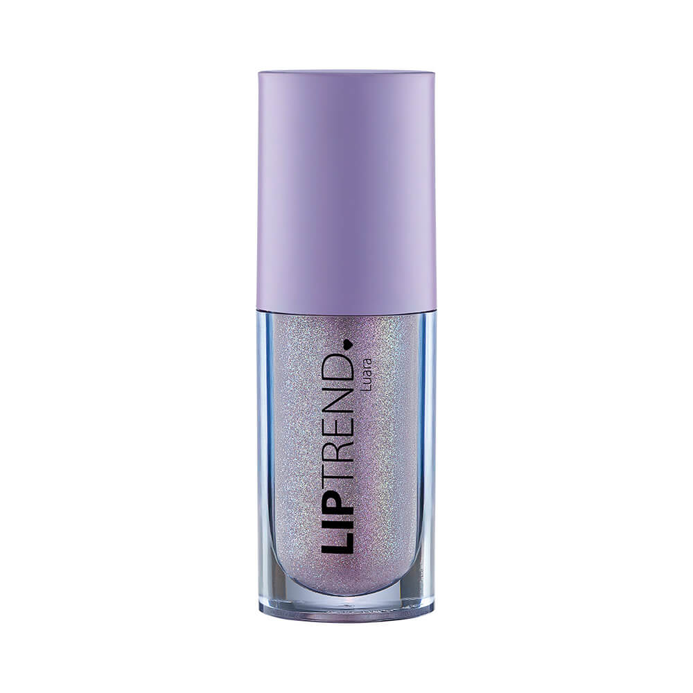 Gloss labial com glitter holográfico e tampa lilás
