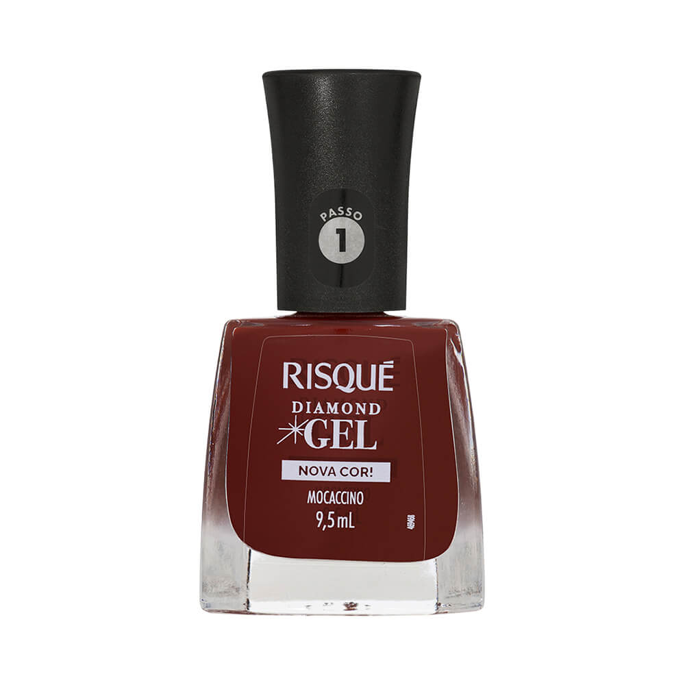 Frasco de esmalte Risqué Diamond Gel na cor Mocaccino, marrom cremoso com acabamento brilhante