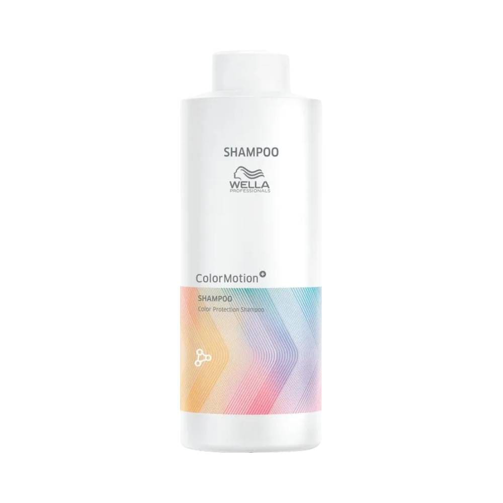 Frasco branco do Shampoo Wella Color Motion 1000ml com rótulo colorido em fundo branco