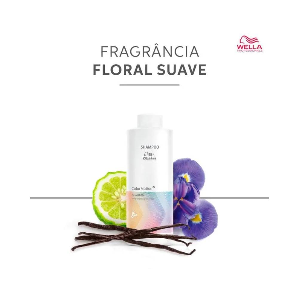Shampoo Wella Color Motion 1000ml com elementos naturais como bergamota, baunilha e flor violeta
