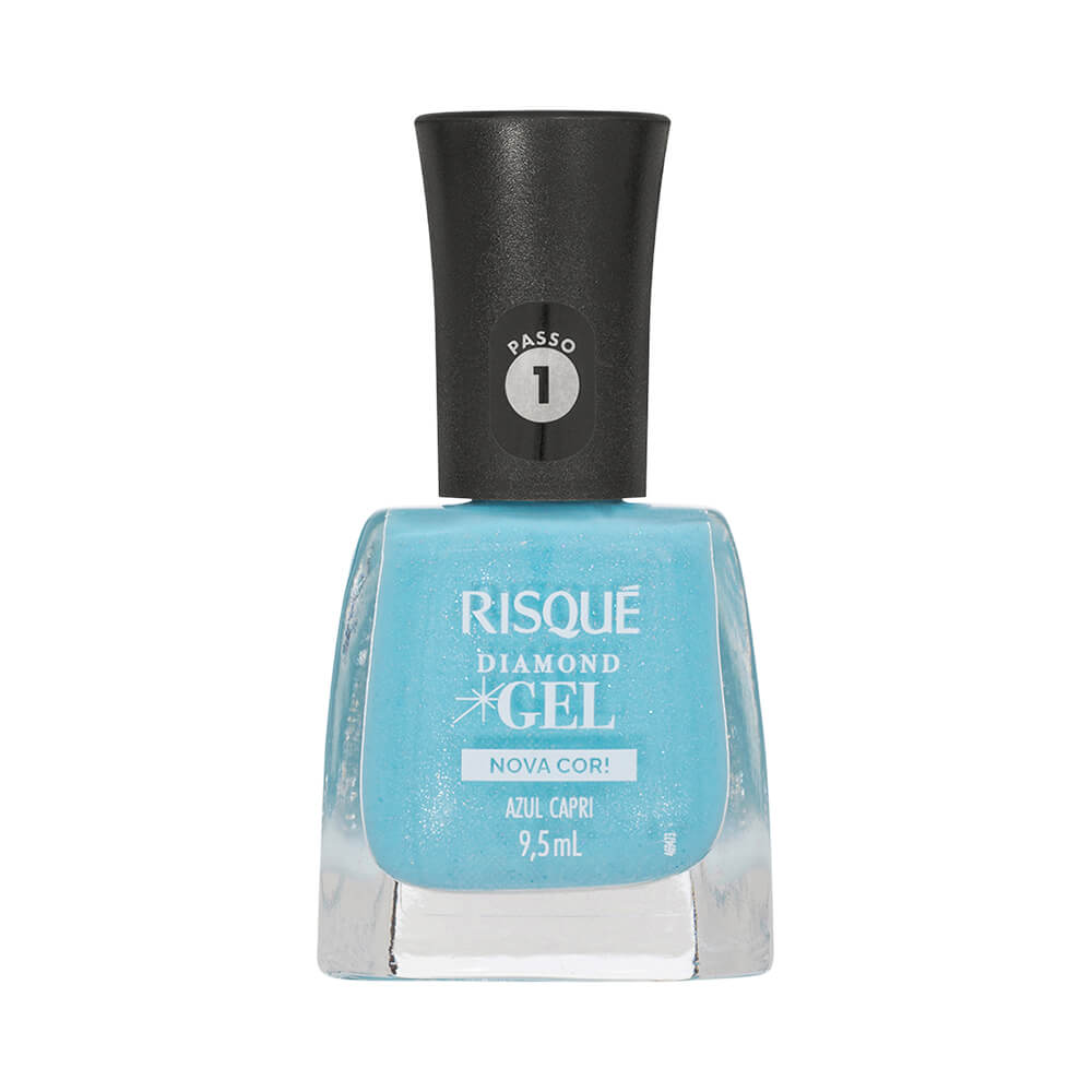 Frasco de esmalte azul claro com acabamento perolado Risqué Diamond Gel Azul Capri