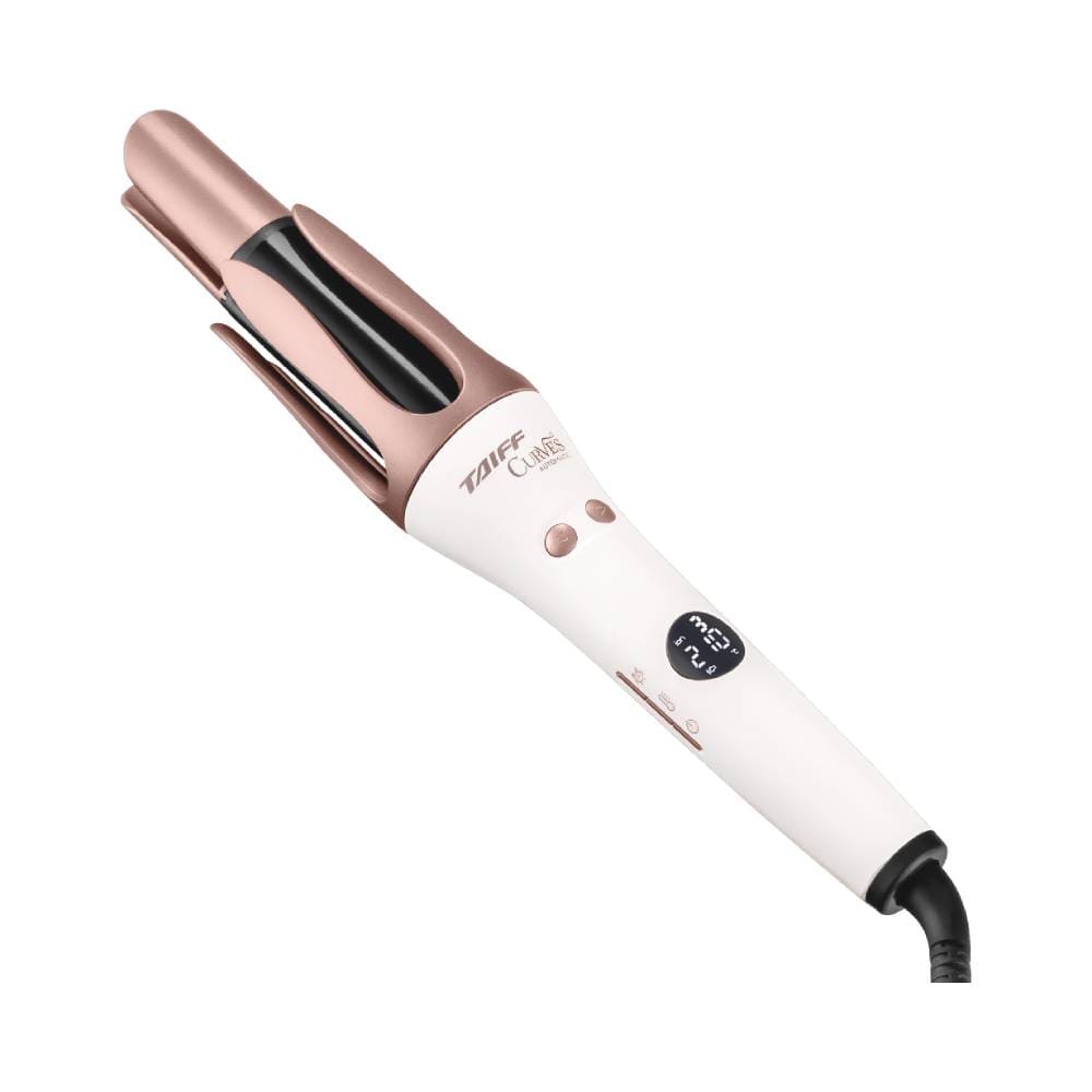 Modelador Taiff Curves Automatic Rose com design branco e detalhes rose gold, mostrando o corpo ergonômico e visor digital.