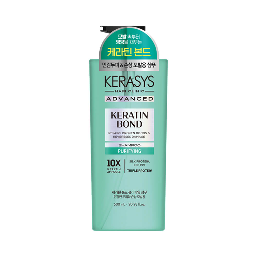 Frasco verde água do Shampoo Kerasys Advanced Keratin Bond Purifying 600ml
