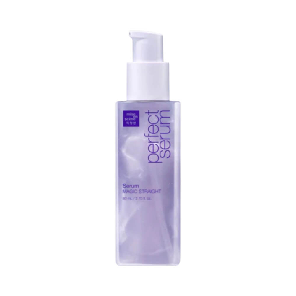 Frasco translúcido roxo com pump branco do Sérum Capilar Mise en Scène Magic Straight 80ml