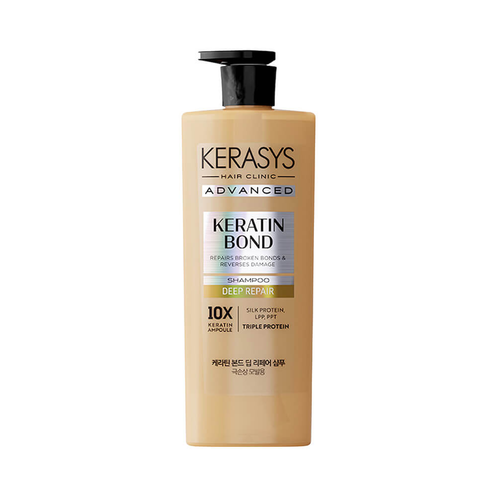 Frasco de shampoo Kerasys Advanced Keratin Bond Deep Repair 600ml bege/dourado com tampa preta