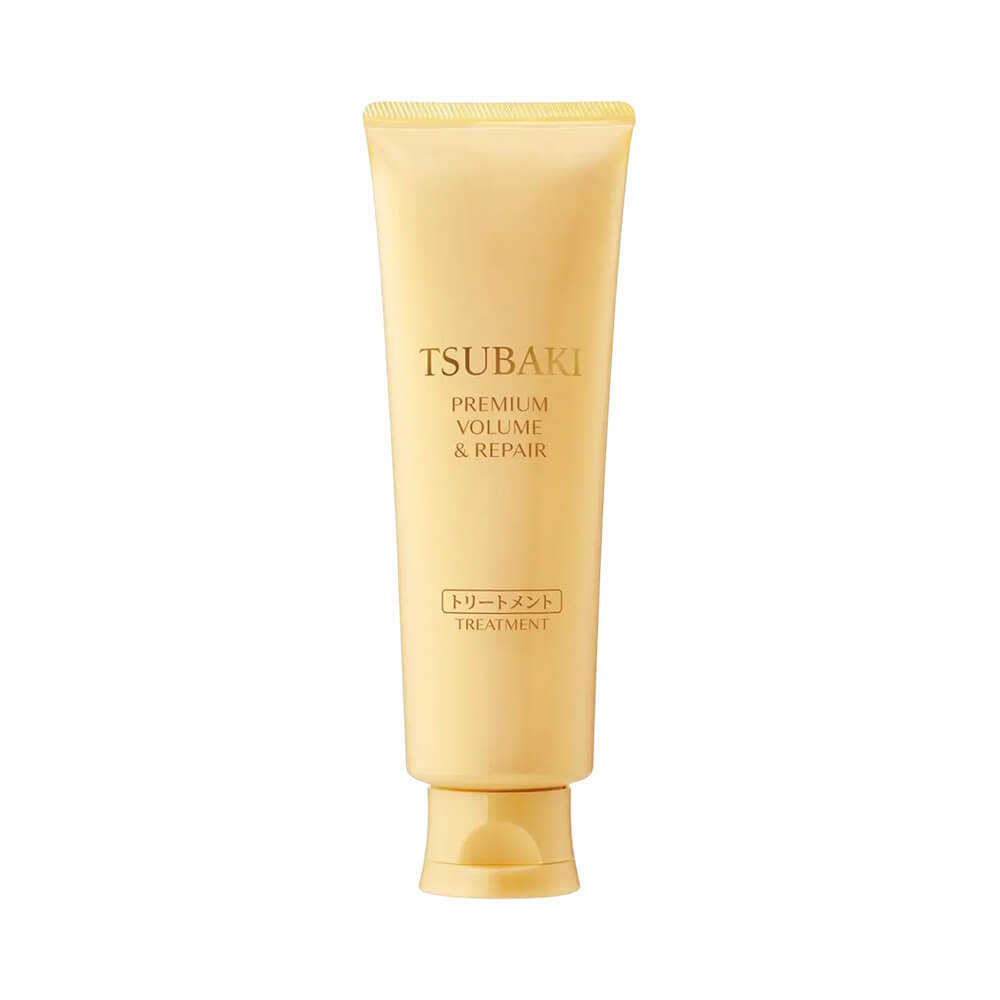 Frente do tubo de máscara capilar Tsubaki Premium Volume & Repair 160g em fundo branco