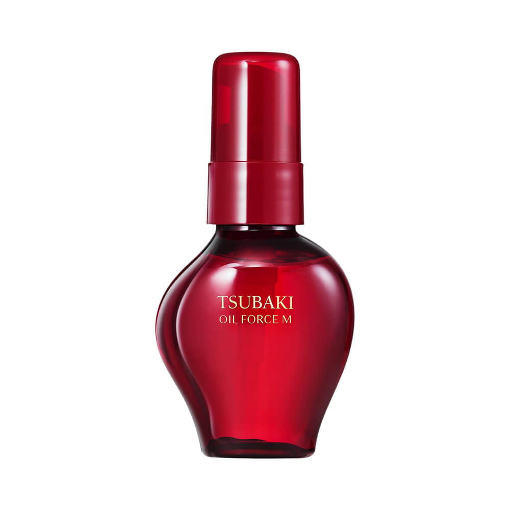Frasco vermelho translúcido com aplicador pump do Óleo Capilar Tsubaki Force M 60ml