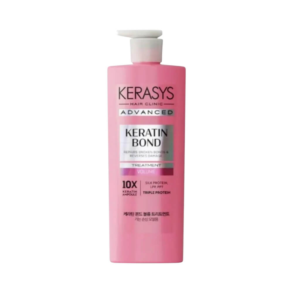 Frasco rosa alto com pump branco da Máscara de Tratamento Kerasys Advanced Keratin Bond Treatment Volume 600ml