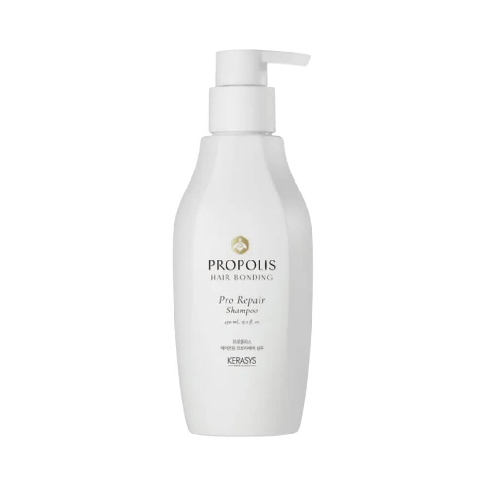 Frasco branco com pump do Shampoo Kerasys Propolis Hair Bonding Pro Repair 450ml com rótulo dourado e preto