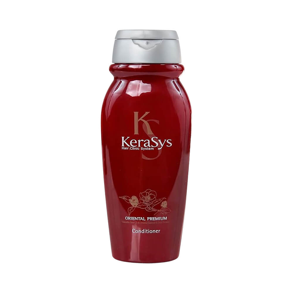 Frasco de condicionador Kerasys Oriental Premium 200ml em fundo branco, vermelho vináceo com tampa prateada