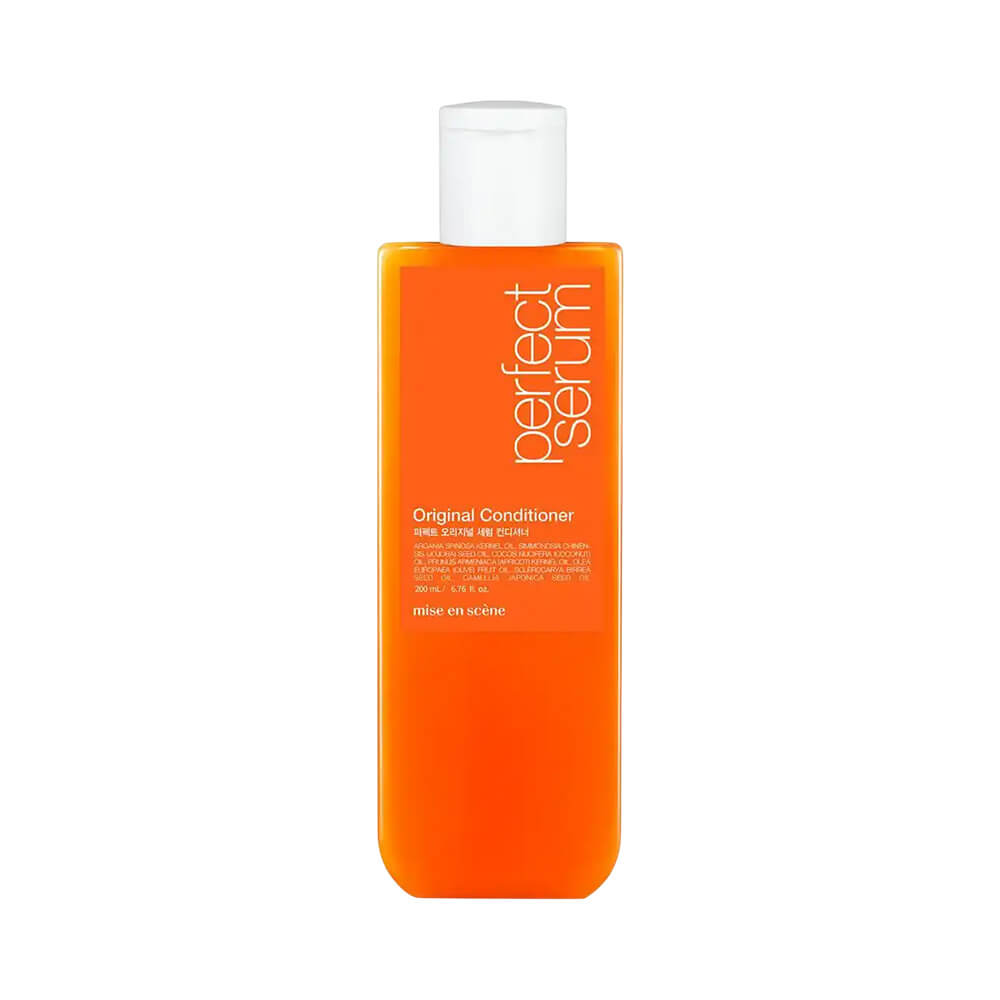 Frasco laranja translúcido do Condicionador Mise en Scène Perfect Serum Original 200ml