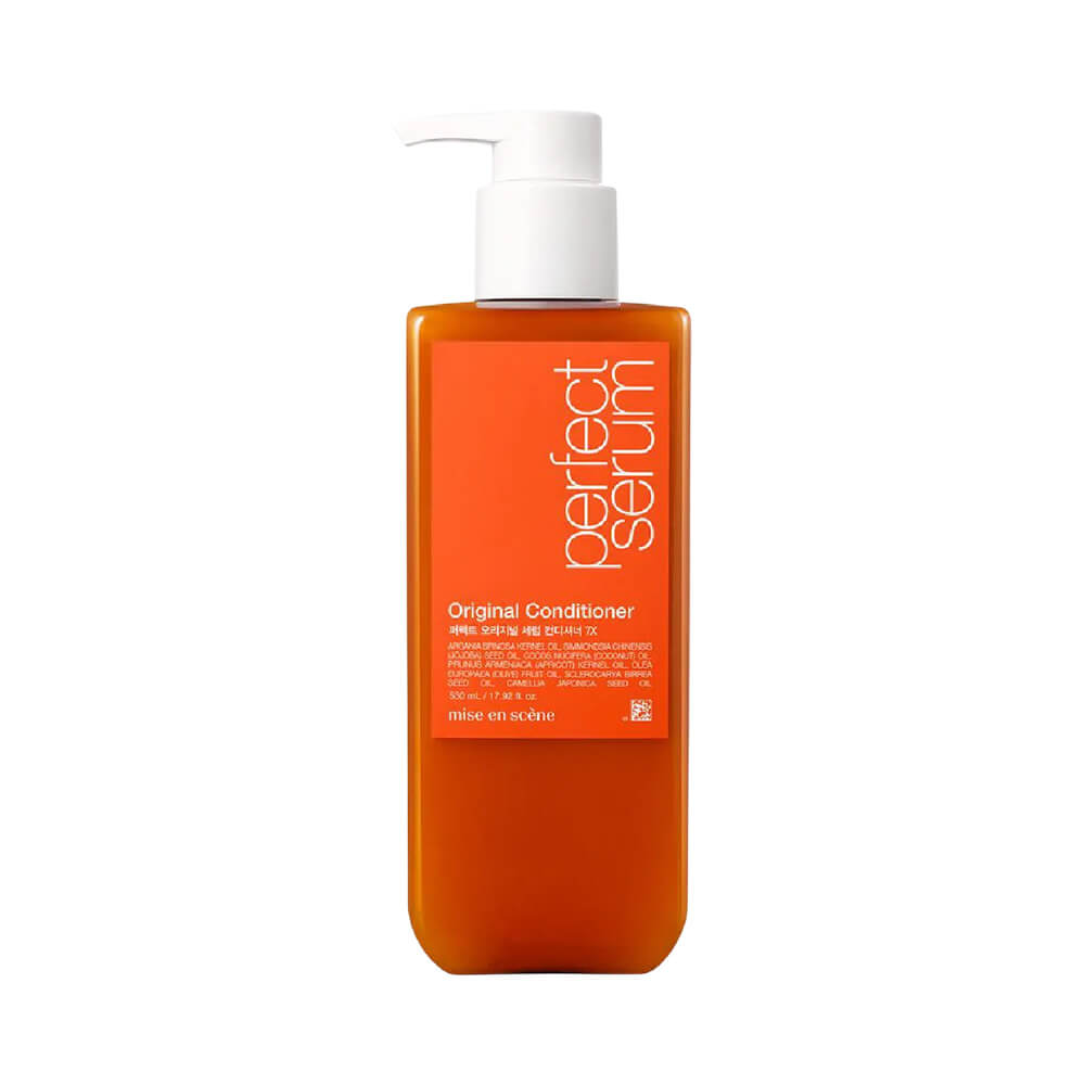 Condicionador Mise en Scène Perfect Serum Original 530ml em frasco laranja translúcido com pump branco