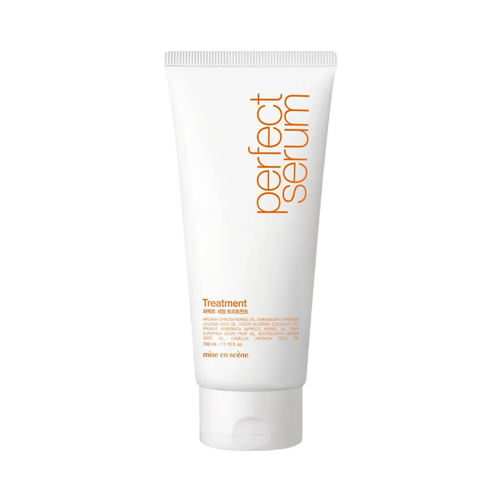 Máscara de Tratamento Mise en Scène Perfect Serum 330ml em bisnaga branca com detalhes em laranja