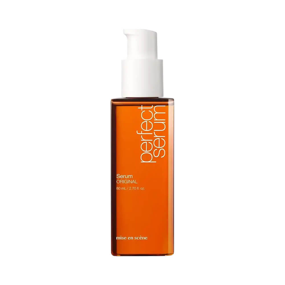 Frasco âmbar translúcido com pump branco do Sérum Capilar Mise en Scène Perfect Serum Original 80ml