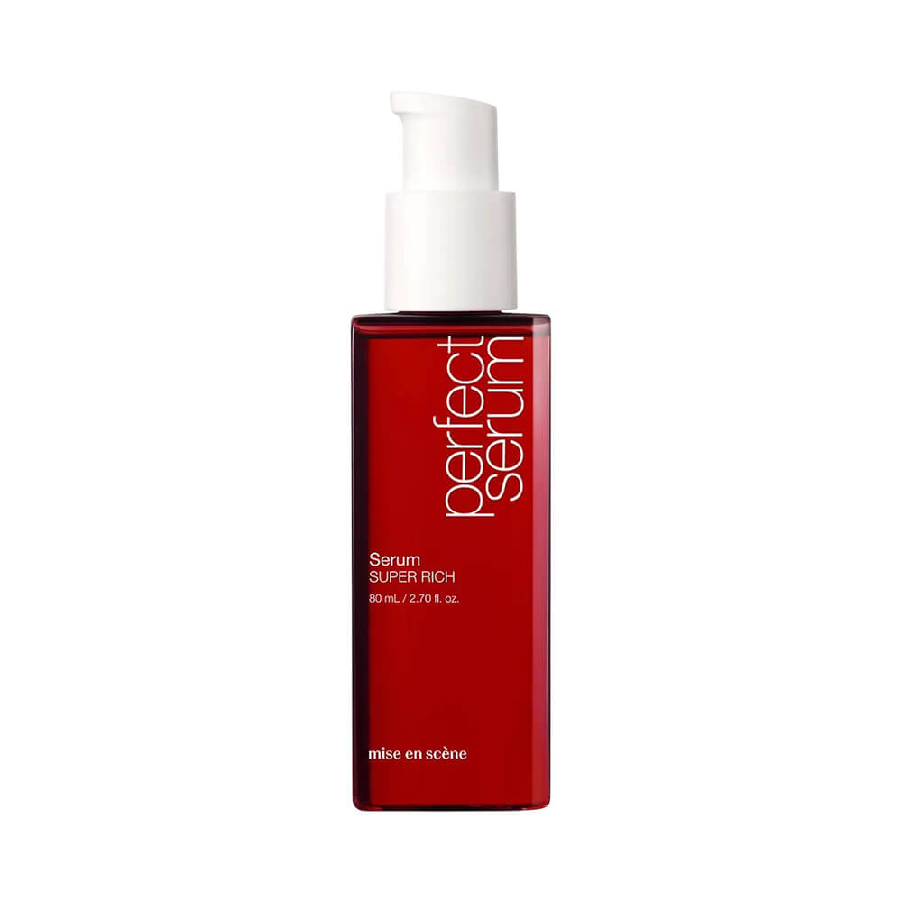 Frasco vermelho translúcido do Sérum Capilar Mise en Scène Perfect Serum Super Rich 80ml com válvula pump branca