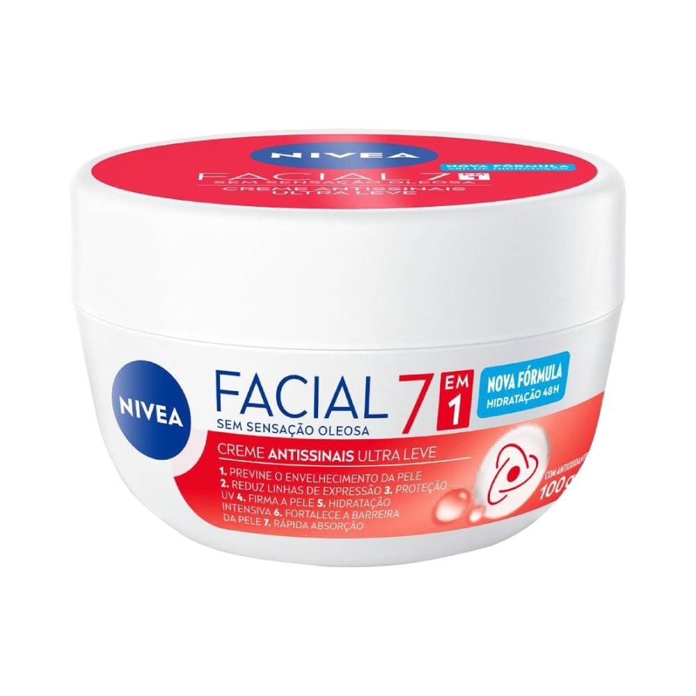 Pote do Creme Facial Nivea Antissinais 100g, embalagem branca com tampa vermelha