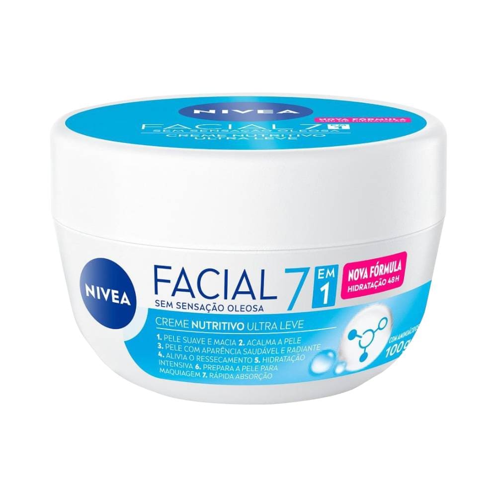 Pote branco do Creme Facial Nivea Nutritivo 100g com tampa azul, rótulo destacando 94% ingredientes naturais
